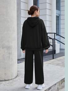 SHEIN Teen Girls Black/Solid Color/Letter Logo Hooded Sweatshirt And Pouch Pocket Sweatpants 2 Pieces Set, Casual/School/Sports Matching Set