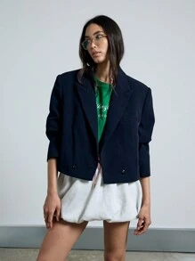 AiiRZ Professional Cropped Blazer With Lapel Collar Office Fashion Business Casual Structured Jacket Fall Winter Outerwear Workwear Classic Tailored Suit Jacket - Navy Blue - View 1