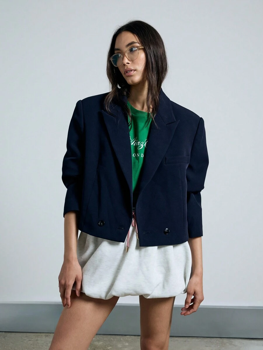 AiiRZ Professional Cropped Blazer With Lapel Collar Office Fashion Business Casual Structured Jacket Fall Winter Outerwear Workwear Classic Tailored Suit Jacket - Navy Blue - View 1