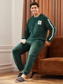 Men's Round Neck Patch Side Stripe Print Long Sleeve Top And Pants Loungewear Set - Dark Green - View 9