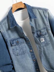 Manfinity Homme 1pc Men Casual Everyday Button-Up Washed Denim Shirt, Autumn - Dark Wash - View 4