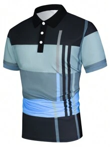 Manfinity Homme Men's Contrast Color Striped Print Button Casual Short Sleeve Polo Shirt - Multicolor - View 3