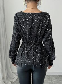 Calvaya 1 szt. Elegancka wysokiej jakości asymetryczna srebrna folia krzyżowa bluzka z długim rękawem dla kobiet z peplum