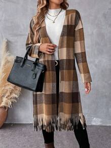 SHEIN LUNE 女式保暖格子领长款大衣，秋冬款 - 棕色 - 查看 4