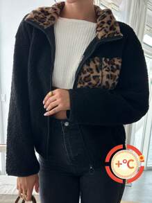 SHEIN Privé 女士常规款豹纹拼接夹克