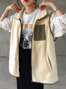 FRIFUL Damen modische Farbblockjacke mit Reißverschluss-Kragen, geeignet für Herbst/Winter Damenmäntel - Beige - Übersicht 1