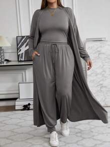 SHEIN LUNE Plus Size Solid Color Long Cardigan, Tank Top And Pants 3pcs Set, Casual For Autumn - Grey - View 1