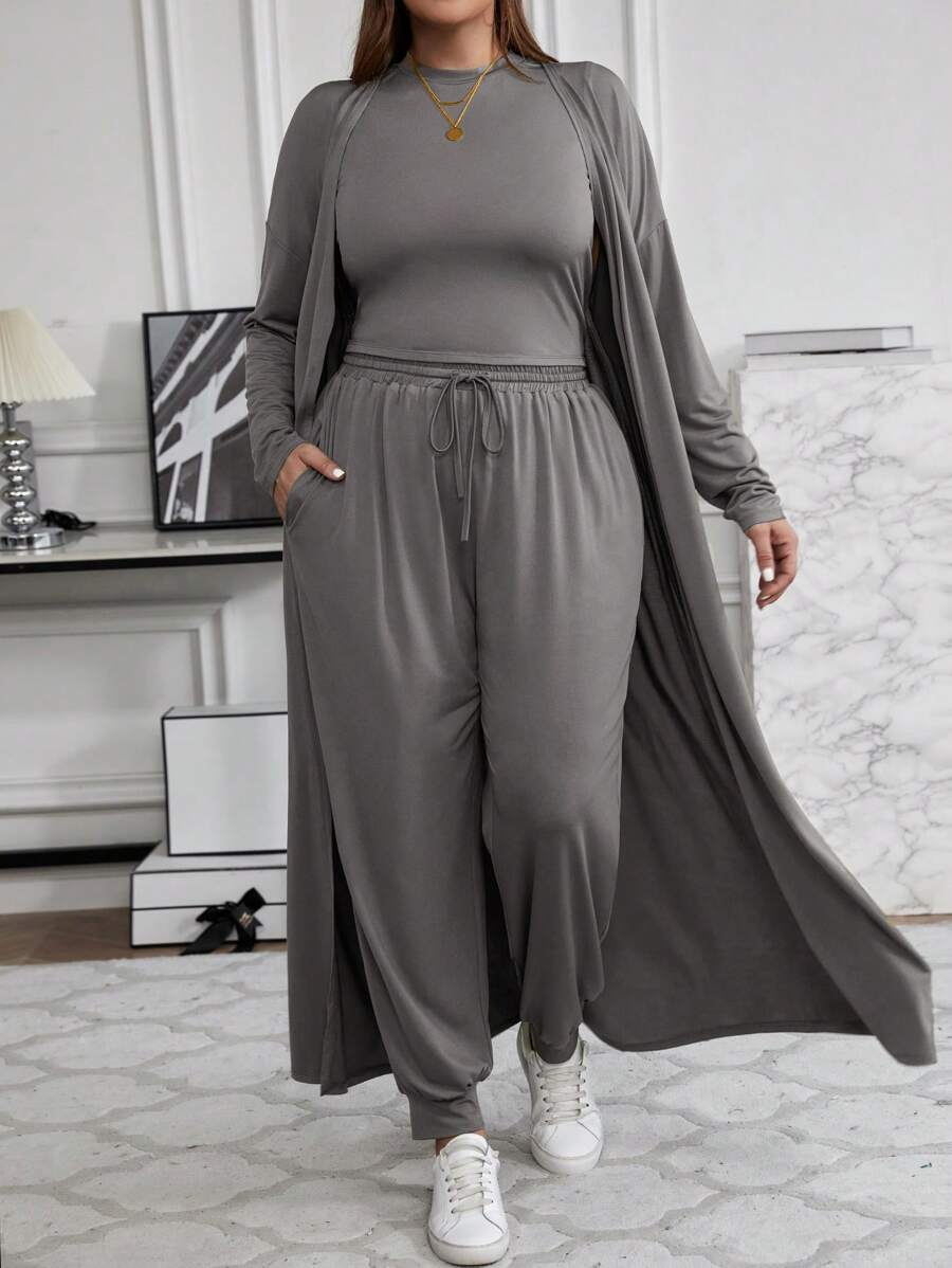 SHEIN LUNE Plus Size Solid Color Long Cardigan, Tank Top And Pants 3pcs Set, Casual For Autumn - Grey - View 1
