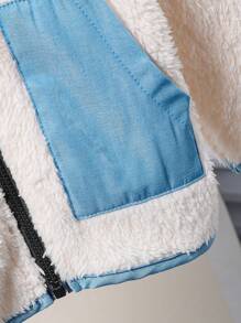 Toddler Girls Cute Casual Beige Fuzzy Mix Denim Zipper Jacket, Winter - Beige - View 6