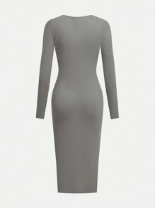 Girlism Teen Girls Solid Color Ribbed Long Sleeve Knitted Fitted Midi Dress, Autumn/Winter - Multicolor - View 6