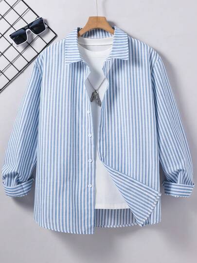 SHEIN Teenage Boys Front Button Long Sleeve Striped Simple Shirt Chic Outfits For Autumn/Winter