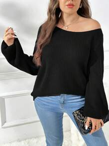 SHEIN Essnce 大码女装秋季女装新款时尚休闲通勤拉绒面料休闲纯色藏青色宽松多穿法（单肩、斜肩、正肩）针织毛衣，毛衣套头露肩上衣，露肩长袖，秋季女士毛衣， - 黑色 - 查看 6