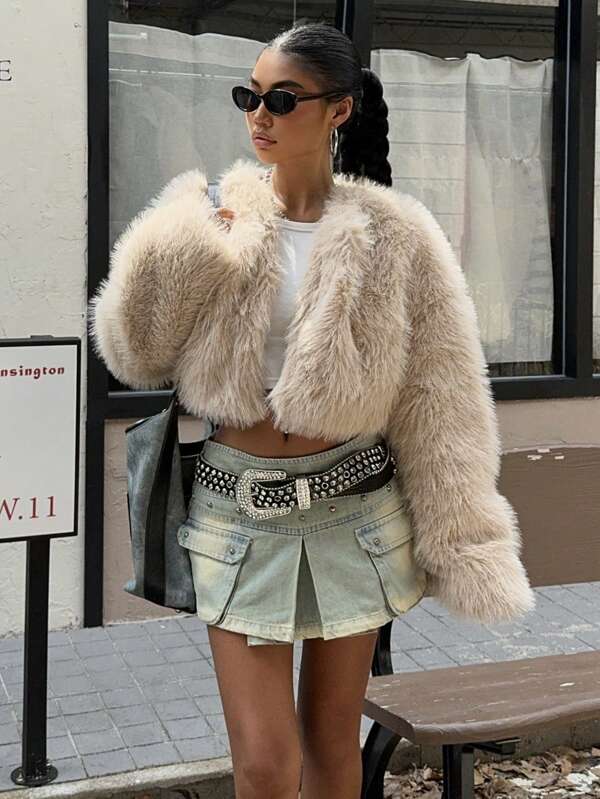 Muchica Women's Beige Fluffy Short Coat In Fall/Winter