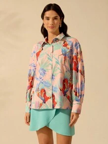 CAJUNI Women's Boho Colorful Parrot Print Loose Fit Drop Shoulder Long Sleeve Blouse, Casual Summer Beach Vacation