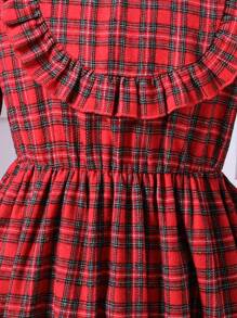 Plus Size Tween Girls Christmas Elegant Ruffle Bow Plaid Long Sleeve Waisted Dress, Suitable For Party Occasions - Burgundy - View 4