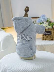 PETSIN 1pc Pet Autumn/Winter Grey Fleece Thick Hoodie Sweatshirt With New York Flower Embroidered Pattern, Casual Style Dog Coat