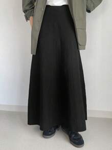 FRIFUL 1 pieza Falda larga de punto de unicolor para mujer, informal para otoño/invierno