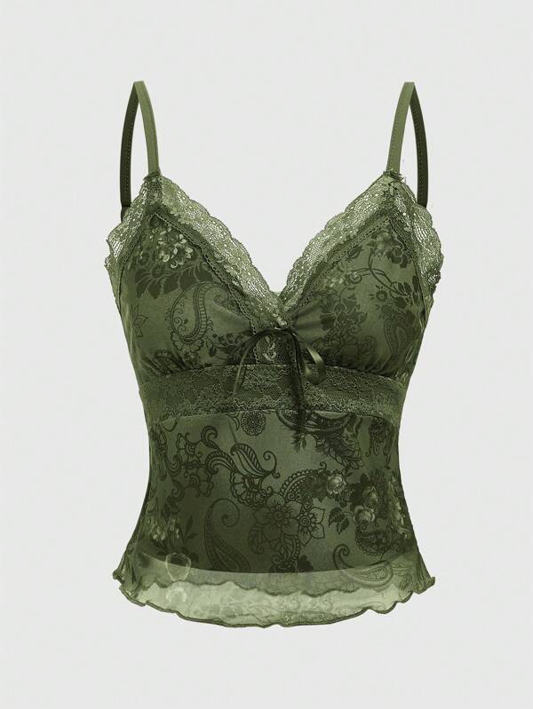 ROMWE Fairycore Women's Fashionable Vintage Paisley Print Lace Trim Camisole