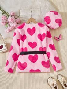Tween Girl Heart Pattern Jacket With Black Belt And Furry Hat, Autumn/Winter - Multicolor - View 2