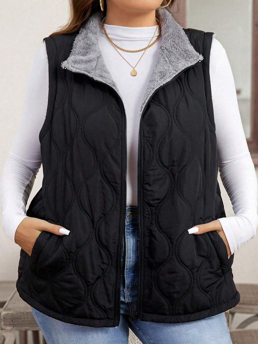 SHEIN LUNE Plus Size Winter Casual Padded Vest Coat, Puffer Vest - Black - View 1