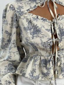 Lyrianda Plus Size Women Floral Print Tie Neck Puff Sleeve Elegant Blouse, Spring Summer