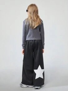 SHEIN Pantalon de survêtement large à imprimé blocs de couleurs étoile décontracté pour préadolescentes, automne