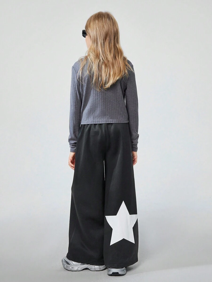 SHEIN Pantalon de survêtement large à imprimé blocs de couleurs étoile décontracté pour préadolescentes, automne