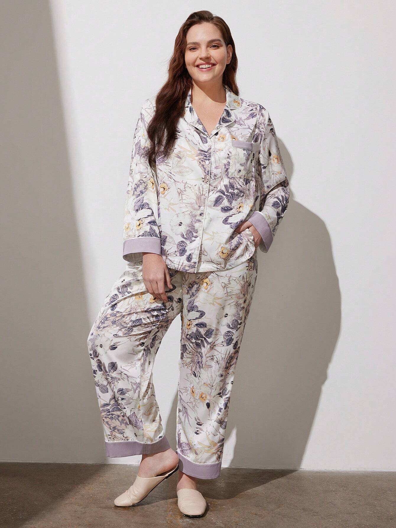 Conjunto de pijama largo de satén con estampado floral para mujer talla grande, ideal para otoño e invierno. Juego de ropa de descanso elegante y cómodo para mujer