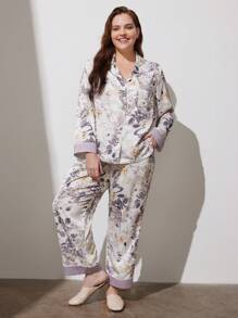 LUVLETTE Conjunto de pijama longo de cetim com estampa floral para mulheres, outono e inverno, conjuntos de pijama para mulheres, lingerie aconchegante e elegante, detalhes de outono