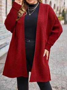 SHEIN LUNE Plus Size Casual Red Batwing Sleeve Cardigan, Suitable For Autumn - Burgundy - View 3