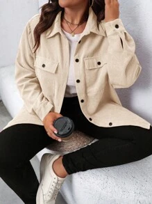 SHEIN LUNE Plus Size Women Solid Long Sleeve Single Breasted Utility Pocket Casual Jacket, Autumn - Apricot - View 5