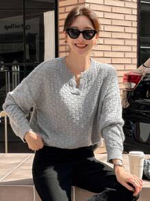 DAZY Women's V-Neck Oversized Long Sleeve Solid Color Casual Sweater For Fall/Winter - Light Grey - View 9