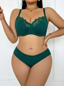 2 piezas Conjunto de lencería sexy con paneles de encaje, talla grande