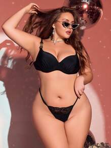 SHEIN 大码性感内衣丁字裤，配有金属链、蕾丝细节、迷人设计 - 黑色 - 查看 3