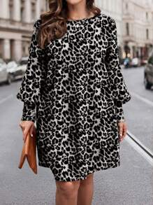 SHEIN LUNE Plus Size Leopard Print Lantern Sleeve Round Neck Halloween Dress - Grey - View 1