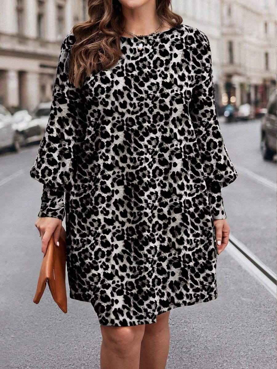 SHEIN LUNE Plus Size Leopard Print Lantern Sleeve Round Neck Halloween Dress - Grey - View 1