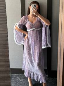 DAZY 浪漫银色亮片网眼撞色花卉蕾丝花边开袖松紧腰睡袍睡衣 - 紫色 - 查看 1