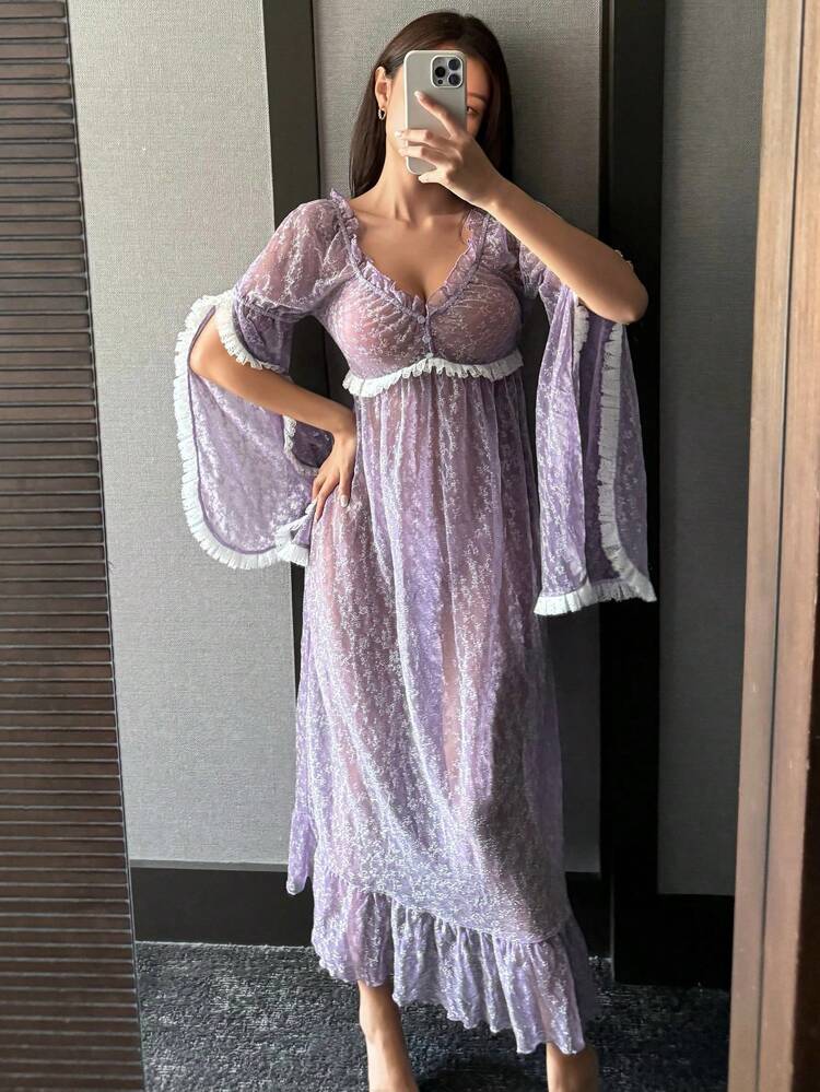 Romantic Silver Sequin Mesh Contrast Floral Lace Trim Open Sleeve Elastic Waist Nightgown Pajama