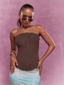MISSGUIDED Boned Mesh Corset Bandeau Top - Brown - View 3