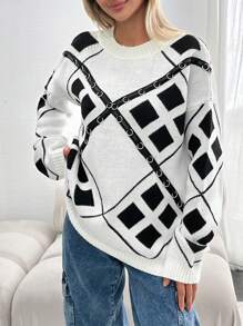 RueChic Women Round Neck Chain Detailed Cool Sweater Pullover - Black - View 3