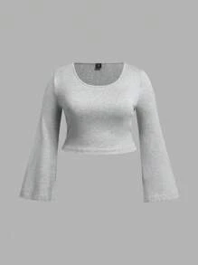 Flirla Plus Size Solid Color Crew Neck Long Sleeve Cropped Top, Casual Daily Wear