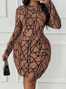 Maweii Plus Size Round Neck Long Sleeve Allover Print Short Casual Dress - Coffee Brown - View 1