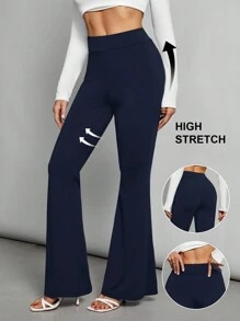 SHEIN Tall Quần ống loe bó cạp cao dệt kim màu đen dành cho nữ - Màu xanh hải quân - Xem 2