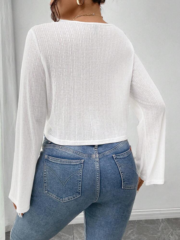 SHEIN Frenchy Women Plus Size Tie Front Twist Long Sleeve Top - White - View 2