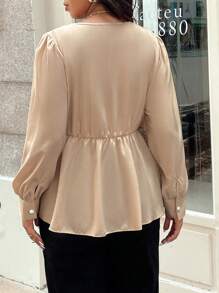 Easura Plus Size V-Neck Cross Wrap Elegant Long Sleeve Blouse - Khaki - View 2