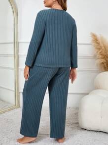 V-Neck Fleece Ribbed Long Sleeve Plus Size Pajama Set