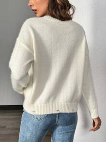 Chiquease Pull décontracté à encolure ronde, épaules tombantes, patchwork de sequins pour femmes, automne/hiver. Pull tricoté d'automne - Beige - Voir 2
