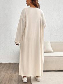 SHEIN 2pcs Maternity Solid Ribbed Round Neck Sleeveless Split Dress & Pants Elegant Set - Apricot - View 2