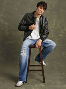 Men Premium 91% Cotton Denim Ripped Straight Leg Jeans