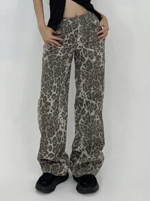 DAZY 女士豹纹前扣直筒牛仔裤，休闲款 - 淺灰色 - 查看 1